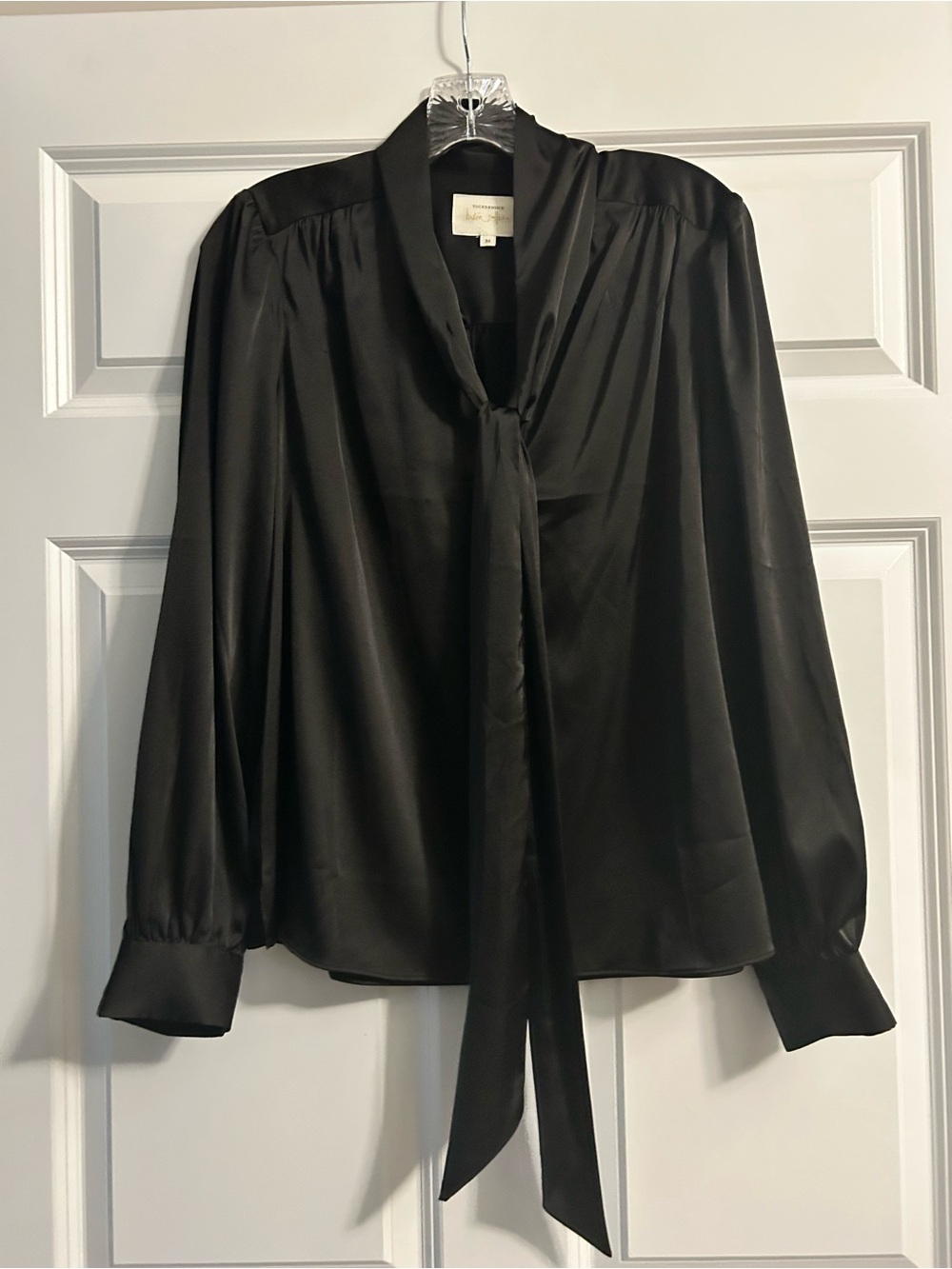 Tuckernuck Black Tie-Neck Satin Blouse